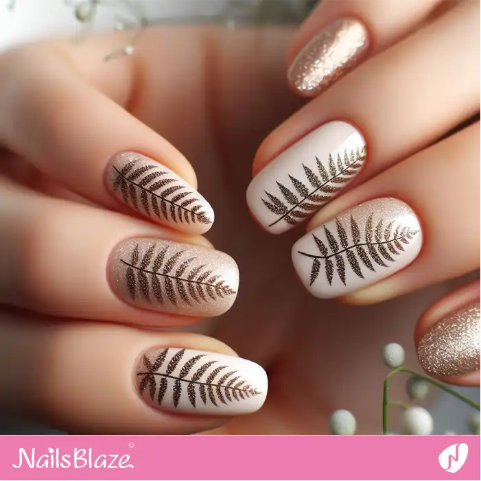 Minimal Fern Nails with Glitter | Nature-inspired Nails - NB1562